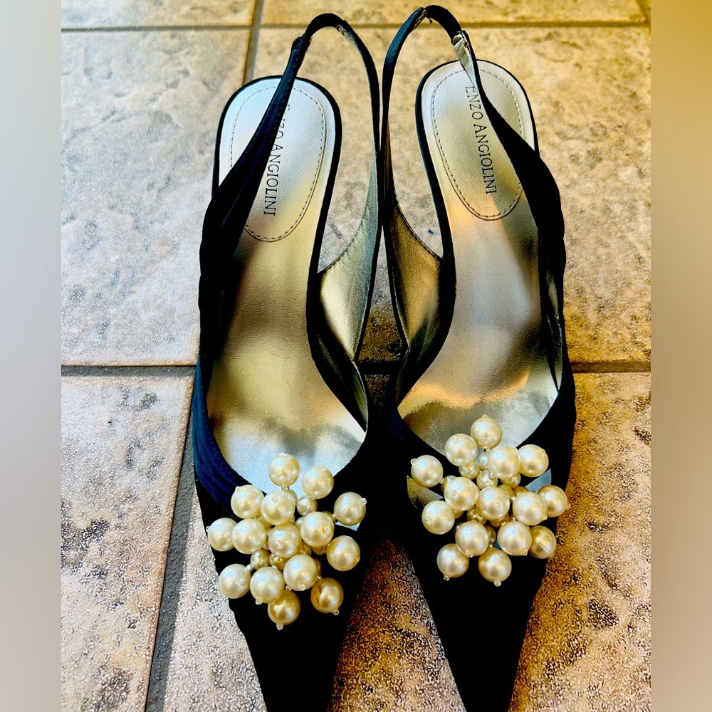 Enzo Angiolini Black Slingback Pumps with Pearl Cluster
